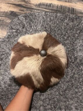 Faux Fur Beret Hat - Brown & Cream